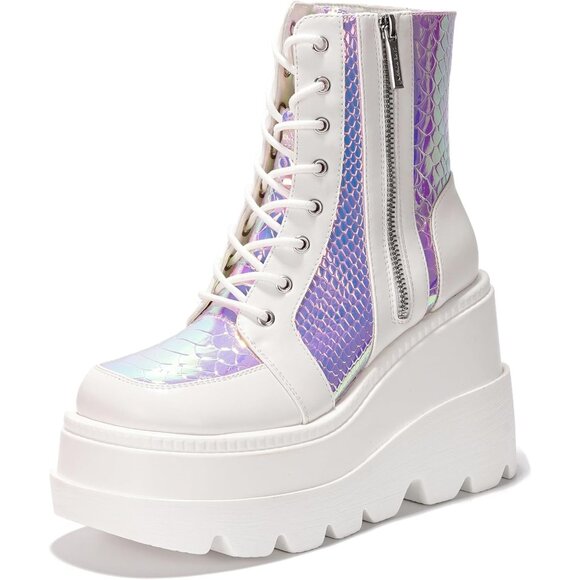 Shoes - Women's White Chunky Block Heels Pointed Toe Leather Buckle Strap Retro Boots